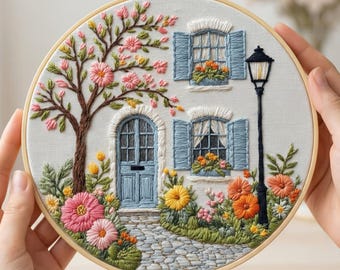 Pode incluir: Arte bordada em bastidor com uma pitoresca cena de casa de campo. A obra de arte apresenta uma casa branca com persianas e porta azuis, um caminho de paralelepípedos e flores vibrantes. Uma árvore com flores cor-de-rosa e um lampião preto completam o design. A palavra "AURELI" está no topo.