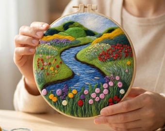 Green Landscape Needle Felting Kit | River Scenery Felting Kit | Home DIY Embroidery Kit | Felting Kit with Hoop and Thread Included