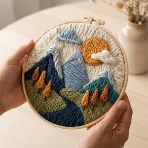 May include: A hand-stitched embroidery hoop art piece featuring a mountain landscape. The design includes blue, green, and orange mountains, a yellow sun, and fluffy white clouds. The embroidery is set in a wooden hoop.