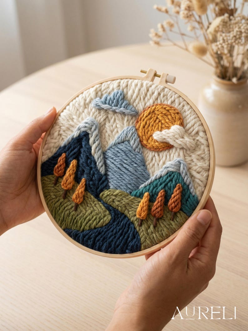 May include: A hand-stitched embroidery hoop art piece featuring a mountain landscape. The design includes blue, green, and orange mountains, a yellow sun, and fluffy white clouds. The embroidery is set in a wooden hoop.