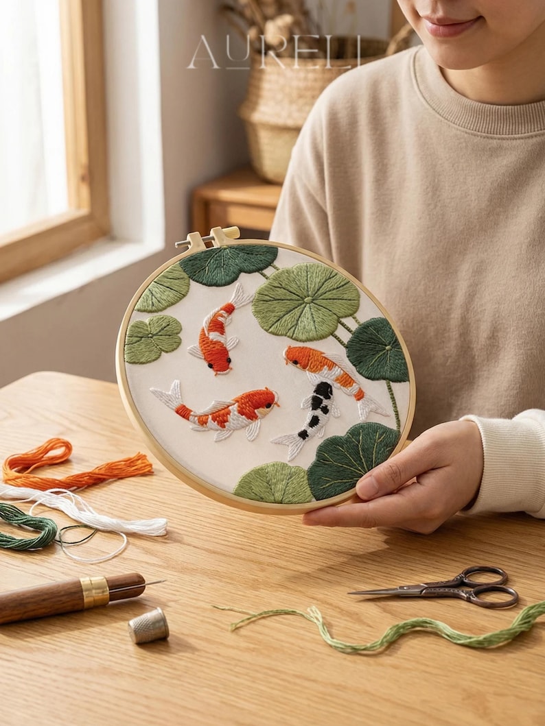 Koi Fish Embroidery Starter Kit | Japanese Pond DIY Kit | Beginner DIY ...