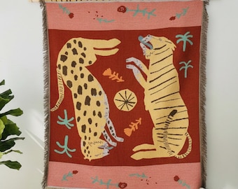 Tiger & Leopard Woven Tapestry | Boho Retro Jungle Wall Hanging | Vintage Safari Style | Living Room Décor | Eclectic Boho Living Room Decor