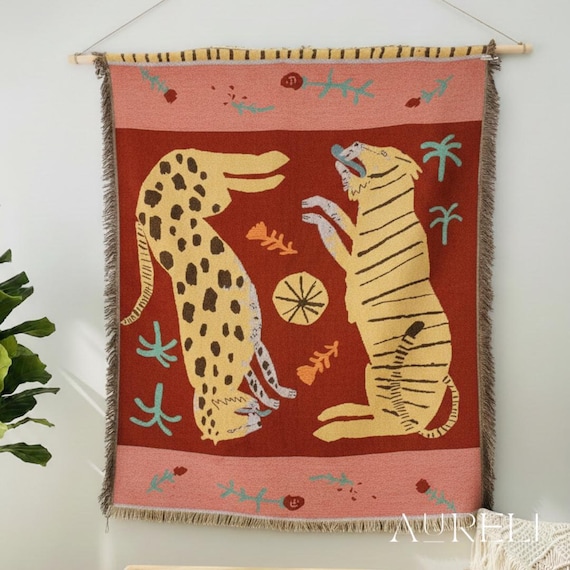 Tiger & Leopard Woven Tapestry | Boho Retro Jungle Wall Hanging | Vintage Safari Style | Living Room Décor | Eclectic Boho Living Room Decor