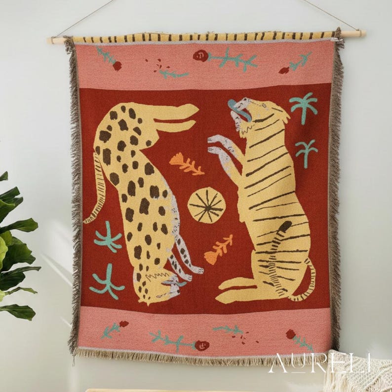 Tiger & Leopard Woven Tapestry | Boho Retro Jungle Wall Hanging | Vintage Safari Style | Living Room Décor | Eclectic Boho Living Room Decor