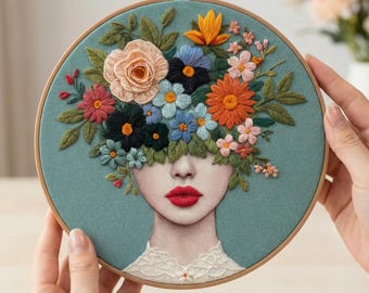 May include: A round embroidery hoop featuring a woman's face with a floral headpiece. The embroidery has a teal background with a woman's face, red lips, and a white lace collar. The floral headpiece includes orange, pink, blue, and black flowers.