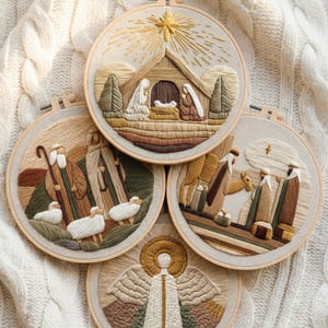 Könnte beinhalten: Vier runde Stickrahmen mit Darstellungen von Weihnachtsszenen. Jeder Rahmen zeigt eine andere Szene: die Geburt Christi, Hirten mit Schafen, die Heiligen Drei Könige und einen Engel. Die Stickerei verwendet verschiedene Brauntöne, Grün- und cremefarbenes Garn.