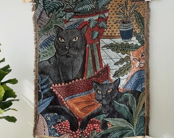 Arte Boho com Gato Preto em Tecido para Jardim | Tapeçaria de Parede Felina | Arte Boho Vintage | Presente Aconchegante para Amantes de Gatos | Decoração Exclusiva para Casa | Decoração de Parede