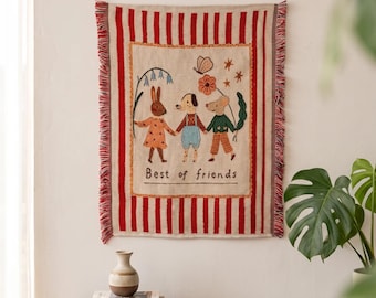 Cartoon Tapestry Wall Hanging | Boho Fringe Wall Art, Kids Room Decor, Nursery, Aesthetic Room Decor, Gifts for Her, Whimsy Cute Home Decor