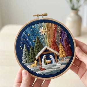 Può includere: Scena natalizia ricamata in un cerchio di legno. L'opera raffigura una scena della natività con un cielo arcobaleno, alberi e animali. Il cerchio è tenuto tra le mani. La parola "AURELI" è in alto.