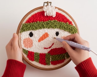 Christmas Punch Needle Kit | Beginner DIY Embroidery with Yarn | Snowman DIY Kit | Christmas Gift | Printed Pattern and Yarn | DIY Lover