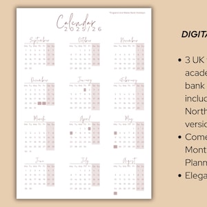 Academische kalender 2025-26 | Feestdagen in het Verenigd Koninkrijk | Dagplanner | Maandplanner | Minimaal ontwerp