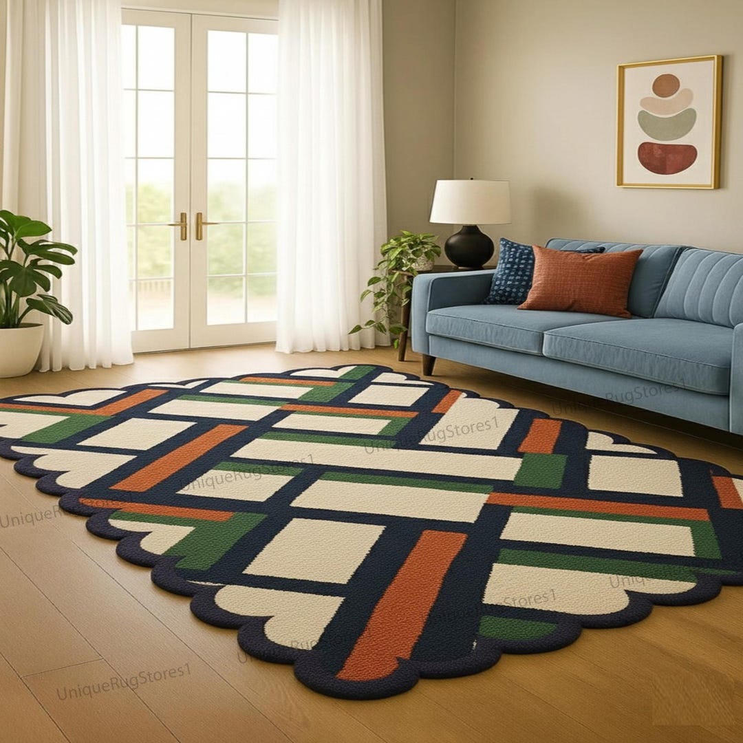 Modern Scalloped Edge Area Rug Contemporary Geometric Living Room ...