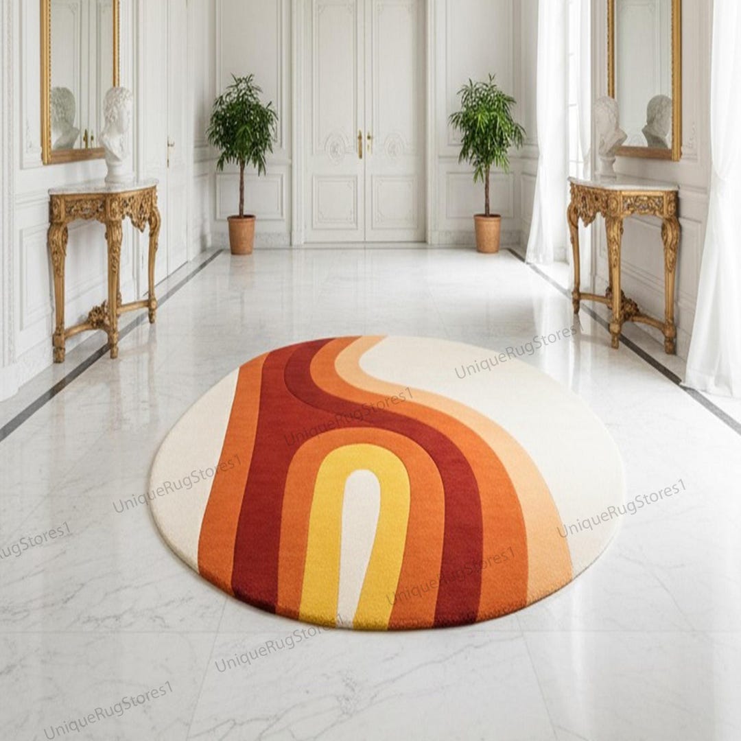 Swem Rug Handmade Round Wool Rug, Retro Swirl Design, Orange, Yellow - Etsy