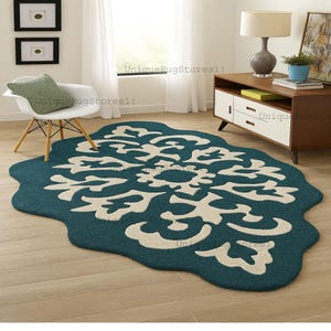 Teal Blue & Ivory Rug Hand Tufted Unique Shaped Wool Carpet Modern Floral Accent Rug for Living Room Bedroom Office Area rugs 5x8 8x10 9x12.