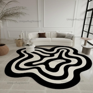 Black and Off-White Psychedelic Carpet Abstract Wavy Rug Carpet Modern Irregular Shaped Area Rug Groovy Living Room Decor Rugs 4x6 8x10 9x12