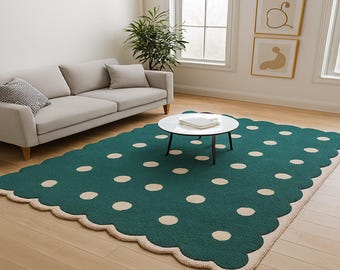 Emerald Green Polka Dot Rug, Scalloped Border, Tufted Wool Area Rug
