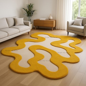 Abstract Tufted Wool Rug: Yellow & Ivory Asymmetrical Handmade Decor