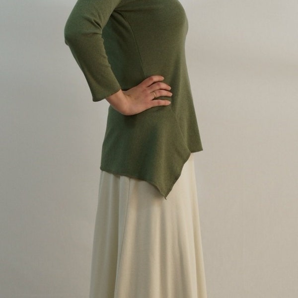 Women's Cotton Jersey Knit Asymmetrical Top in Moss - 3/4 sleeve - Size M