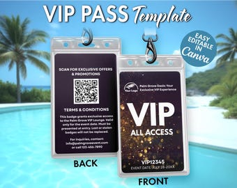 Może przedstawiać: Szablon karty VIP z tropikalnym tłem. Przód karty zawiera napis "VIP ALL ACCESS" ze szczegółami wydarzenia. Tył zawiera kod QR oraz warunki. Obecny jest również tekst "EASY EDITABLE IN Canva".