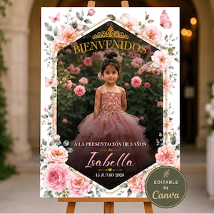 Présentation de 3 Años Panneau de bienvenue, modèle Canva modifiable, panneau photo papillon floral rose