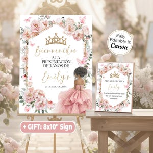 Mi Presentación de 3 Años Welcome Sign & 8x10 Tabletop, Pink Floral Princess Decor
