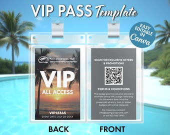 Custom Palm Grove VIP Pass Template: Event Name Tag with QR Code (Digital Download)