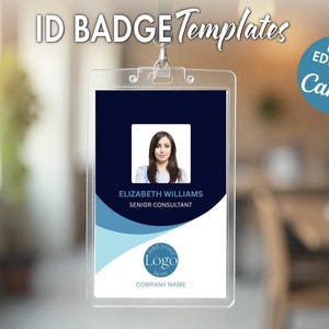 May include: Clear plastic ID badge with a lanyard. The badge features a photo of a woman, the name "Elizabeth Williams", and the title "Senior Consultant". The design includes a dark blue and light blue wave pattern. Text on the badge reads "ID Badge Templates" and "Easy Editable in Canva".