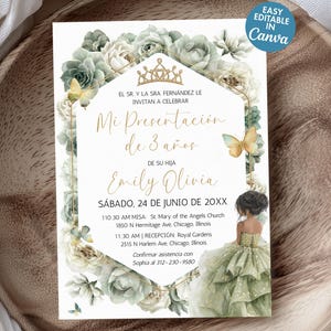 May include: An invitation card with a floral and butterfly design, featuring the text "Mi Presentación de 3 años" and details for a celebration. The card includes the name "Emily Olivia" and event information. The design incorporates gold accents and a watercolor illustration of a girl in a green dress.