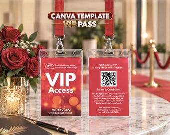 VIP Pass Template, Canva Event Badge, Red Bokeh, Editable Digital Download, QR Code Access