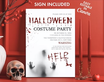 Custom Halloween Party Invite, Spooky Horror Theme, Blood Drip Welcome Sign, Editable Costume Party Canva Template, Instant Digital Access