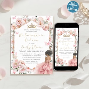 Peut inclure: Une invitation de présentation avec un design floral, avec le texte "Mi Presentación de 3 años" et le nom "Emily Olivia". L'invitation est affichée sur fond blanc avec un smartphone affichant le même design. Des pétales de fleurs roses et une tiare sont également présents.