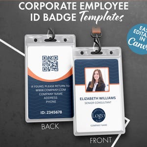 Könnte beinhalten: Zwei Vorlagen für Mitarbeiterausweise. Ein Ausweis zeigt einen QR-Code und Kontaktinformationen. Der andere zeigt ein Foto, einen Namen und eine Berufsbezeichnung. Der Text "Easy Editable in Canva" ist ebenfalls sichtbar.