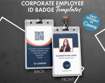 Customizable Employee ID Badge Template: QR Code, Photo, Canva (Instant Download)
