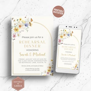 May include: A rehearsal dinner invitation with floral accents and the text "Please join us for a REHEARSAL DINNER honoring Sarah & Michael." A smartphone displays the same invitation. The invitation is editable in Canva.