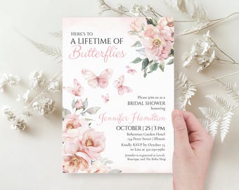 Butterfly Bridal Shower Invitation: Pink Floral, Editable Template (Digital Download, Editable in Corjl)
