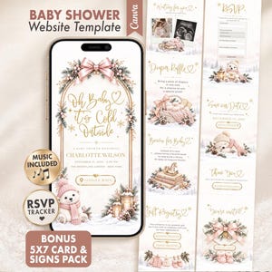 Webseite für eine Babyparty im Winter, bearbeitbare Schneeflocken-Web-Einladung mit RSVP-Funktion, Willkommensschild-Set