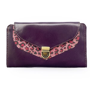 purple  and leopard leather wallet with push lock, vintage style wallet for women, women's leather wallet, purple leather wallet for ladies