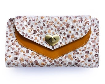 Floral leather wallet, vintage style wallet for women, women's leather wallet, white and mustard leather wallet for ladies