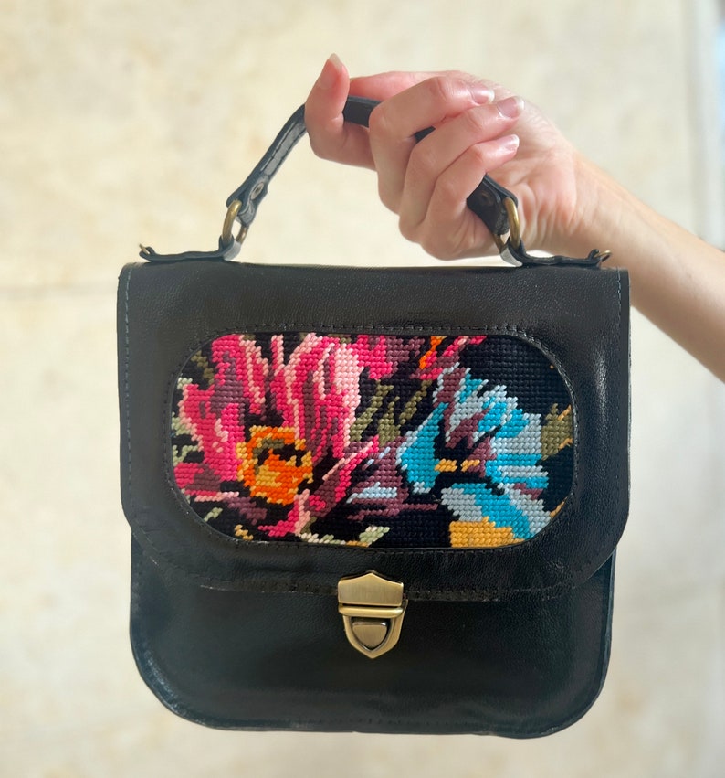 Peach leather handbag with a vintage floral needlepoint,gift for mothers day, small pink leather handbag, handmade needlepoint purse black