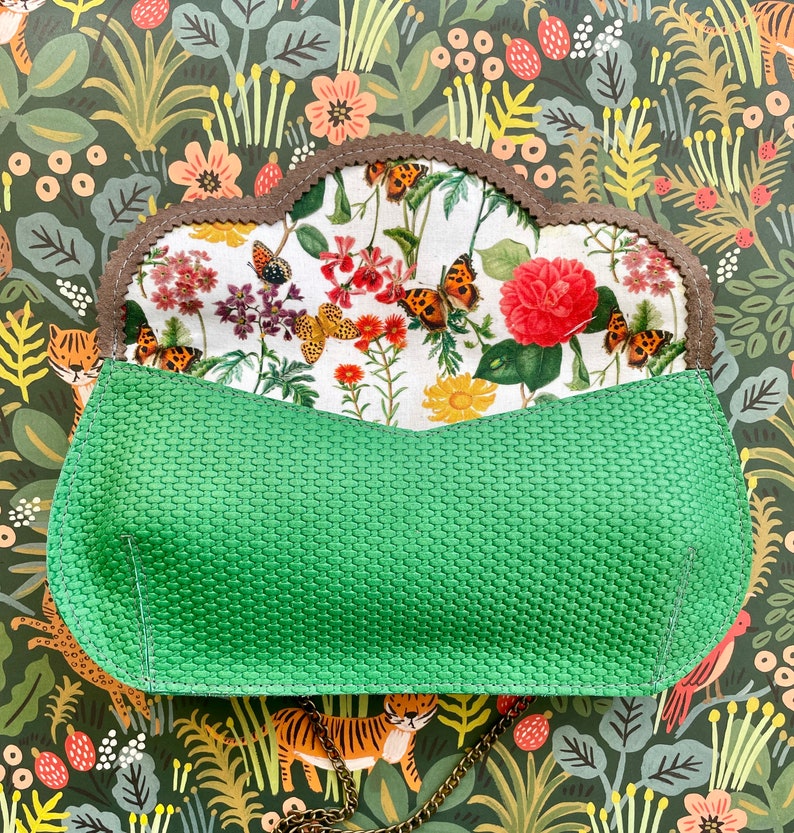 Derby Green leather purse, leather clutch with horse, floral evening bag, grass green leather clutch, crossbody bag image 8