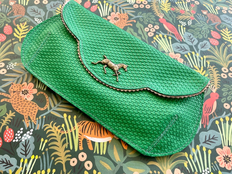 Derby Green leather purse, leather clutch with horse, floral evening bag, grass green leather clutch, crossbody bag image 5