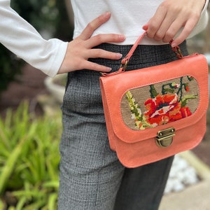 Peach leather handbag with a vintage floral needlepoint,gift for mothers day, small pink leather handbag, handmade needlepoint purse image 4