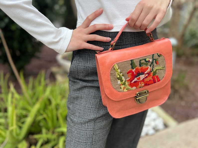 Peach leather handbag with a vintage floral needlepoint,gift for mothers day, small pink leather handbag, handmade needlepoint purse image 4