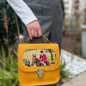 Mustard leather handbag with a vintage horserider needlepoint, small yellow leather handbag, handmade needlepoint purse for women image 4