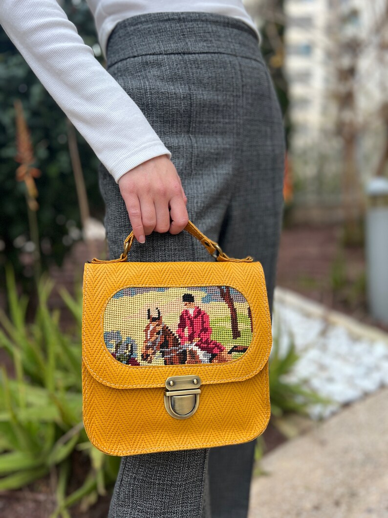 Mustard leather handbag with a vintage horserider needlepoint, small yellow leather handbag, handmade needlepoint purse for women image 4