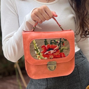 Peach leather handbag with a vintage floral needlepoint,gift for mothers day, small pink leather handbag, handmade needlepoint purse image 1