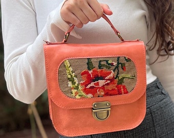 Peach leather handbag with a vintage floral needlepoint,gift for mother’s day, small pink leather handbag, handmade needlepoint purse