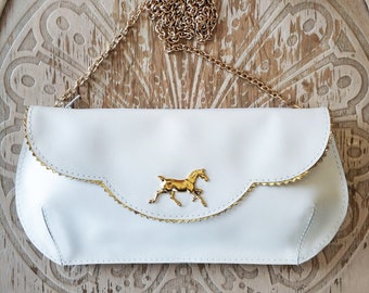 Derby White leather clutch with horse, white crossbody bag with golden horse