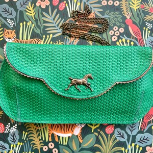 Derby Green leather purse, leather clutch with horse, floral evening bag, grass green leather clutch, crossbody bag image 9