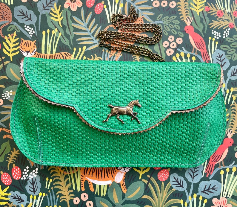 Derby Green leather purse, leather clutch with horse, floral evening bag, grass green leather clutch, crossbody bag image 9